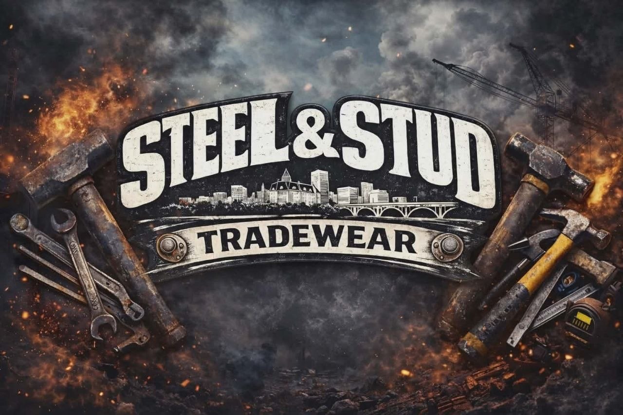 Steel & Stud Tradewear logo with worksite tools